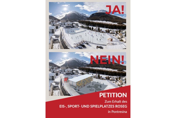 Visualisierung Hotel Flaz auf dem Rosegplatz Pontresina im Vergleich zum heutigen Eis-, Sport- und Spielplatz